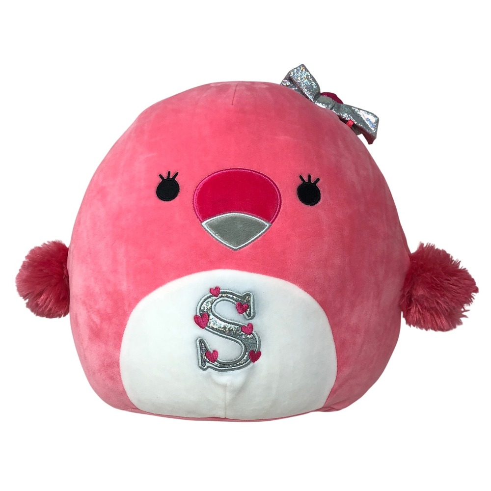 Squishmallows Cookie Flamingo 12" Plush Pink Initial S Silver Bow Heart Wings